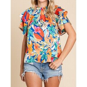 Jodifl Boho Tropical Print Top Smocked Neck Tiered Sleeve Size Large